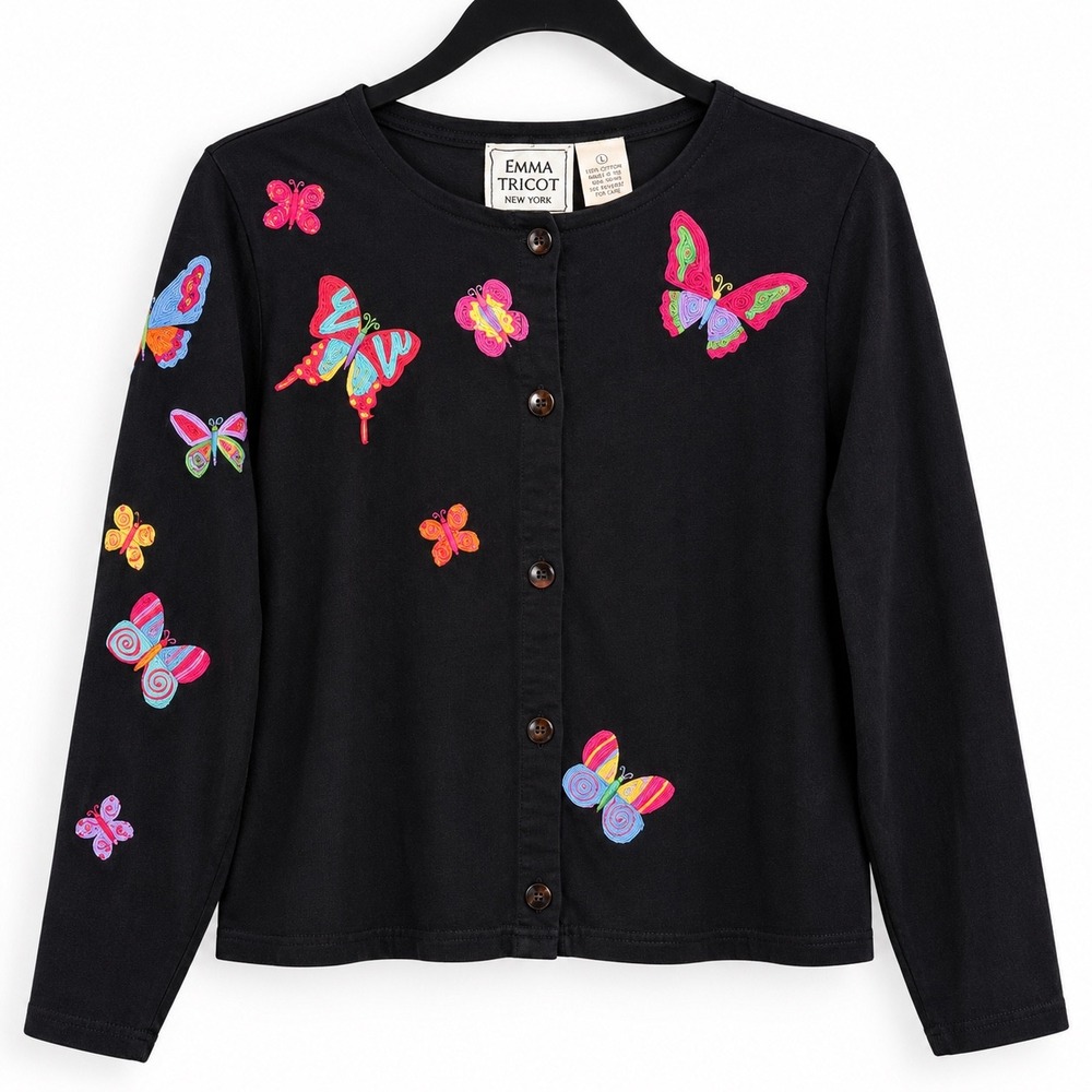 Emma Tricot Butterfly Embroidered Black Cotton Cardigan L Artsy Boho Whimsical